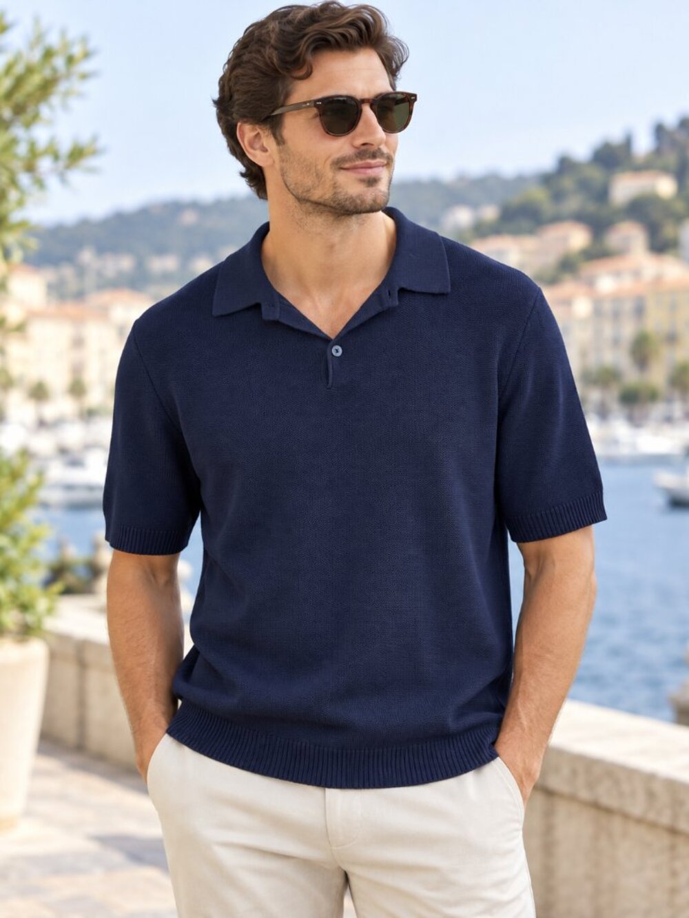 NN07 Alfie Polo Shirt Blue Cashmere Blend Knit Short Sleeve Preppy Medium